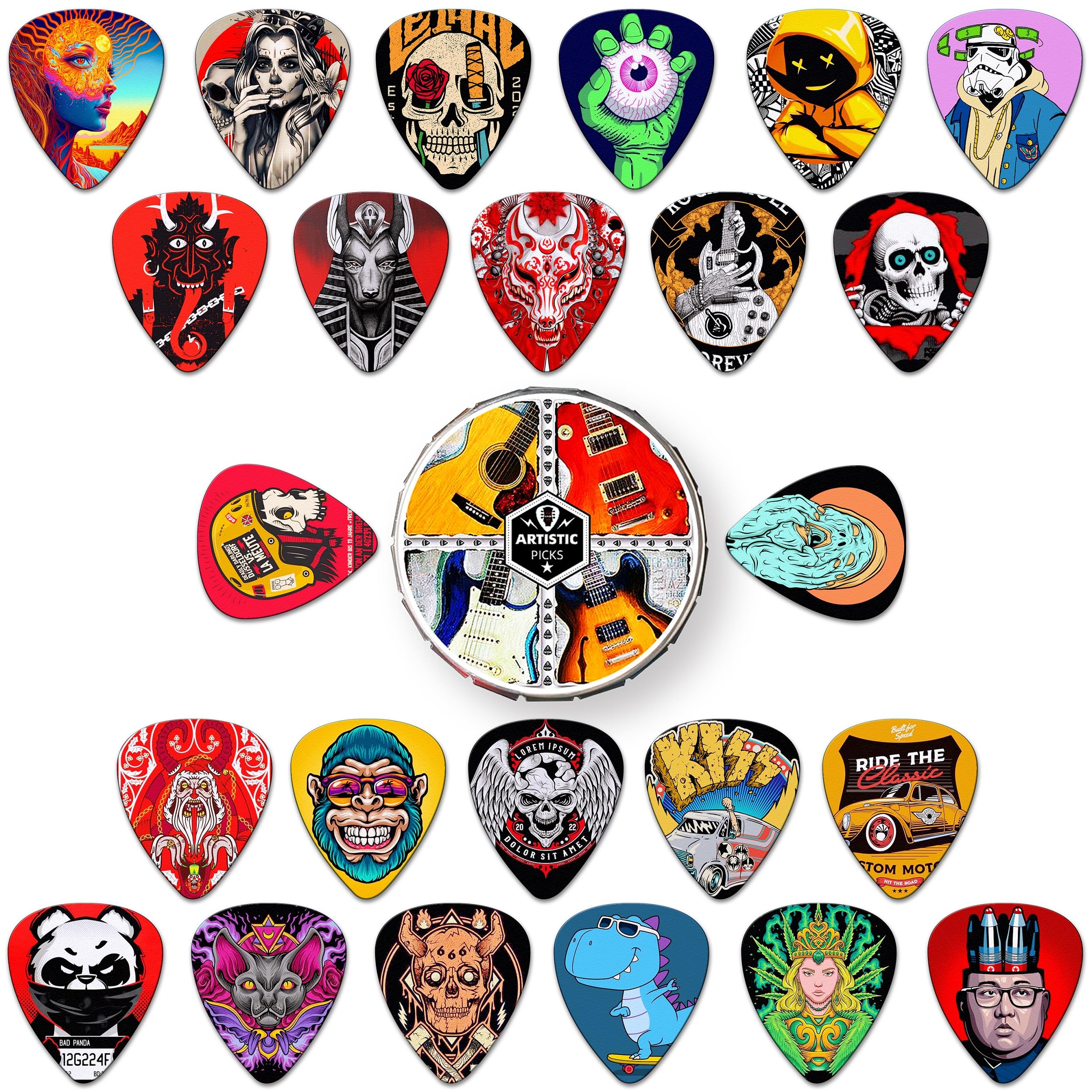 Guitar Picks 24 Pack - Thin, Medium, Heavy Plectrums - Personalised - Mix-3 (0.46mm, 0.71mm, 0.96mm, 1.2mm) - Acoustic & Electric Guitar, Bass