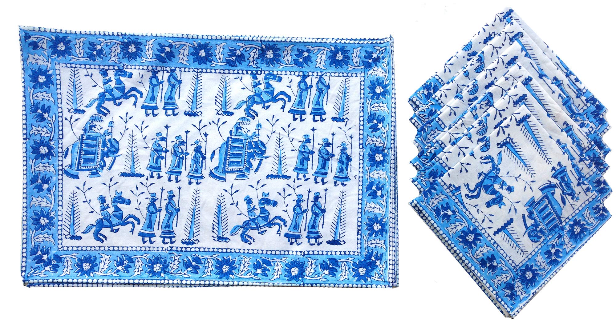 Rastogi Handicrafts Hand Block 100% Cotton Indian Style Theme Set of 6 Dining Table Mats and Napkins Place-mats Runners (BLUE 6)