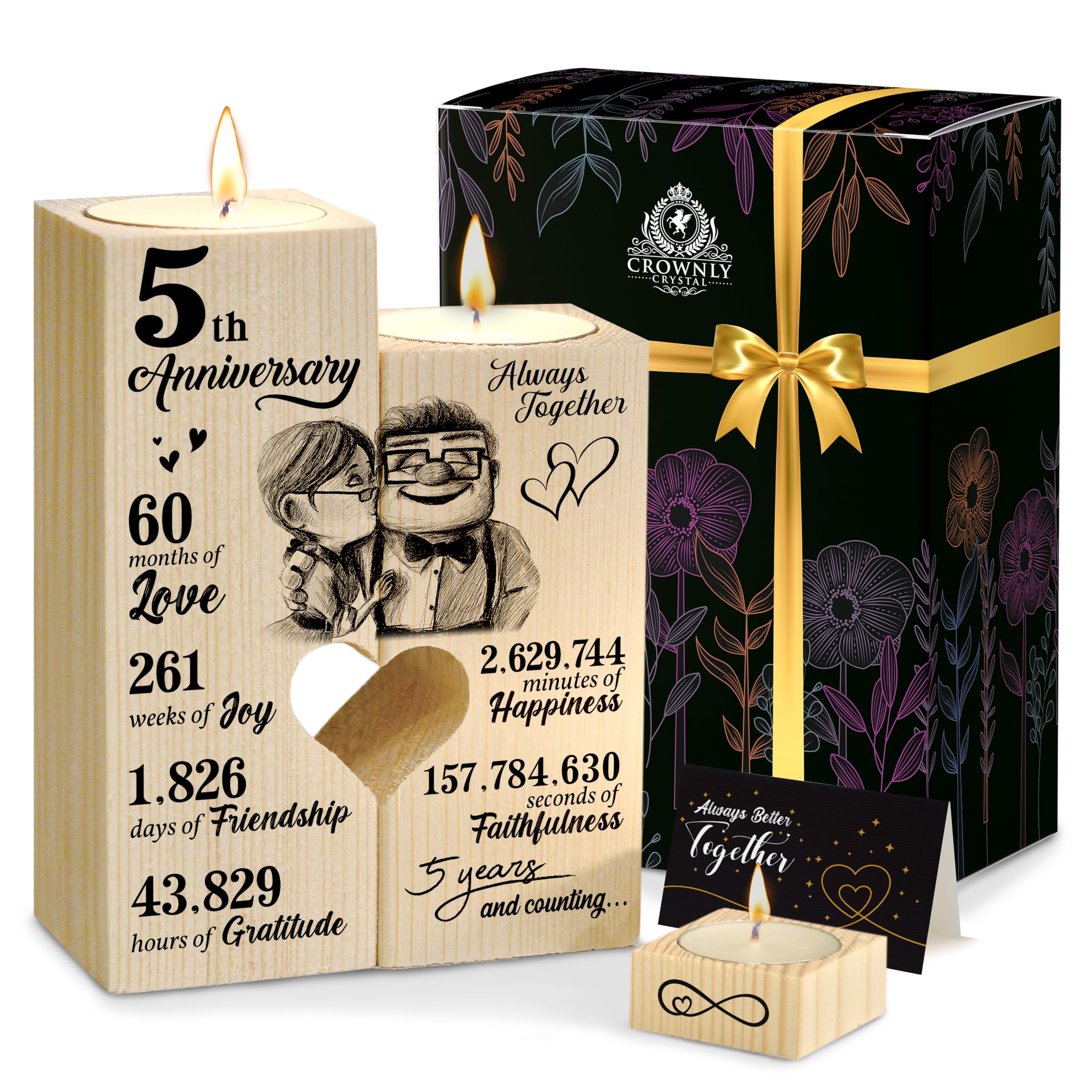 CROWNLY® Wooden Gifts for 5th Anniversary Personalised Candles Couple Gifts for Him and Her Unique Family for Parents