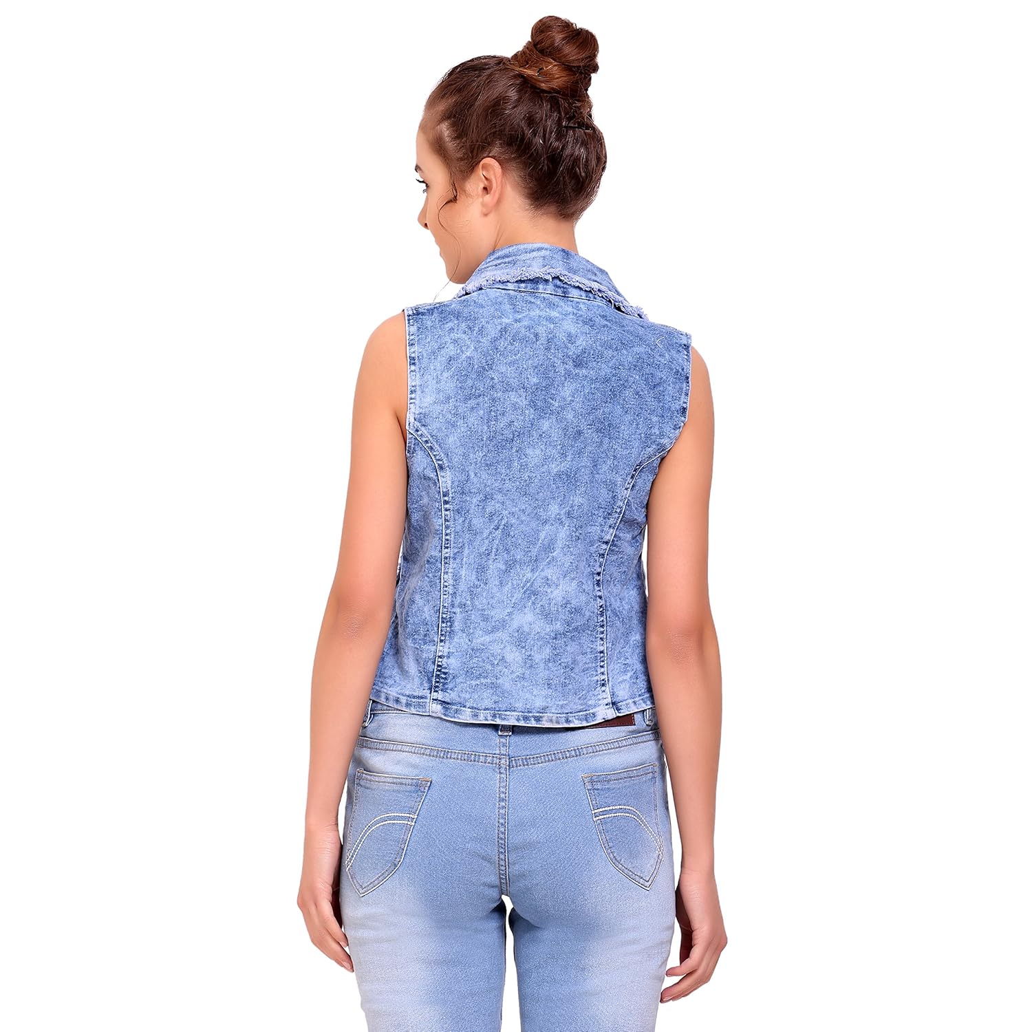 buynewtrend sleeveless denim blue designer shrug/jacket for women