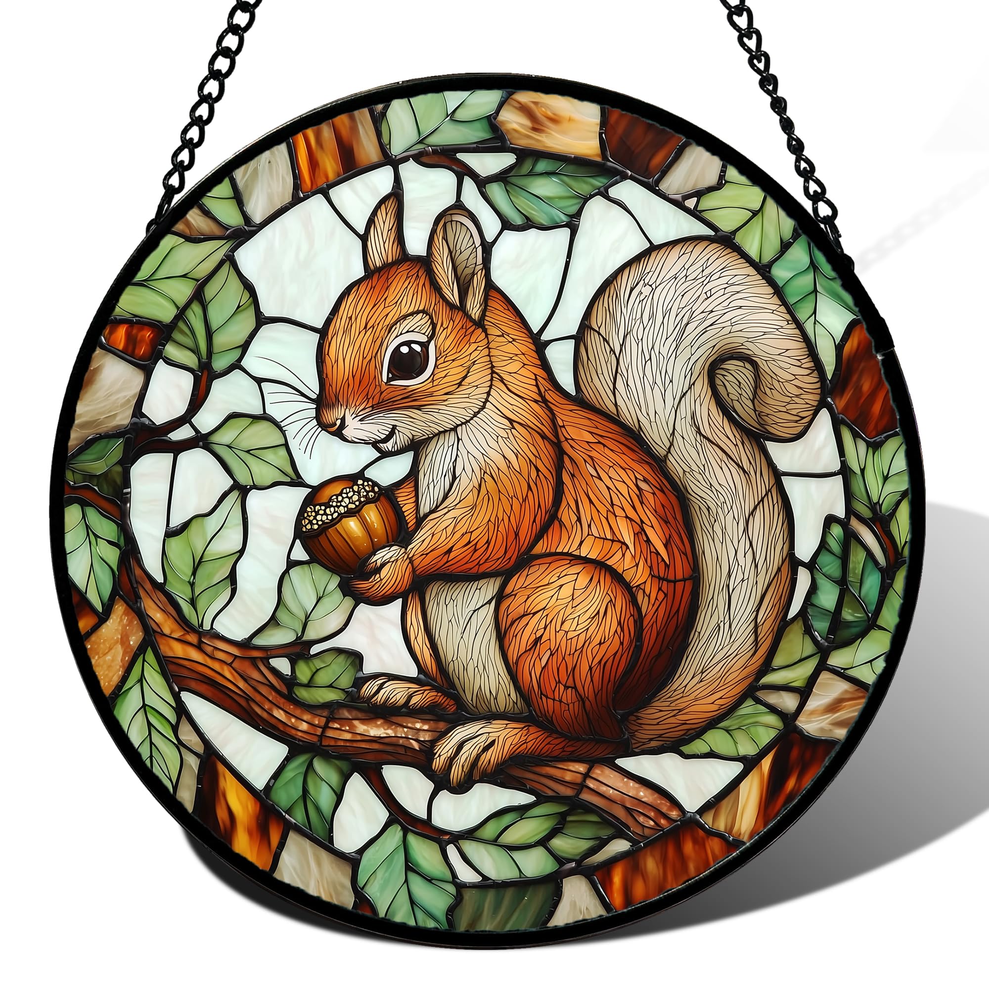 DASTOLL Stained Glass Window Hanging, Squirrel on a Branch Suncatcher Diamond Glass Panel Animal Sun Catchers Decor for Birthday for Women, Men, Wife, Aunt, and Mom 14.9x14.9 in
