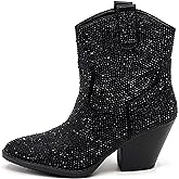 Women Rhinestone Block Chunky Heel Ankle Bootie River-01 Black 6.5