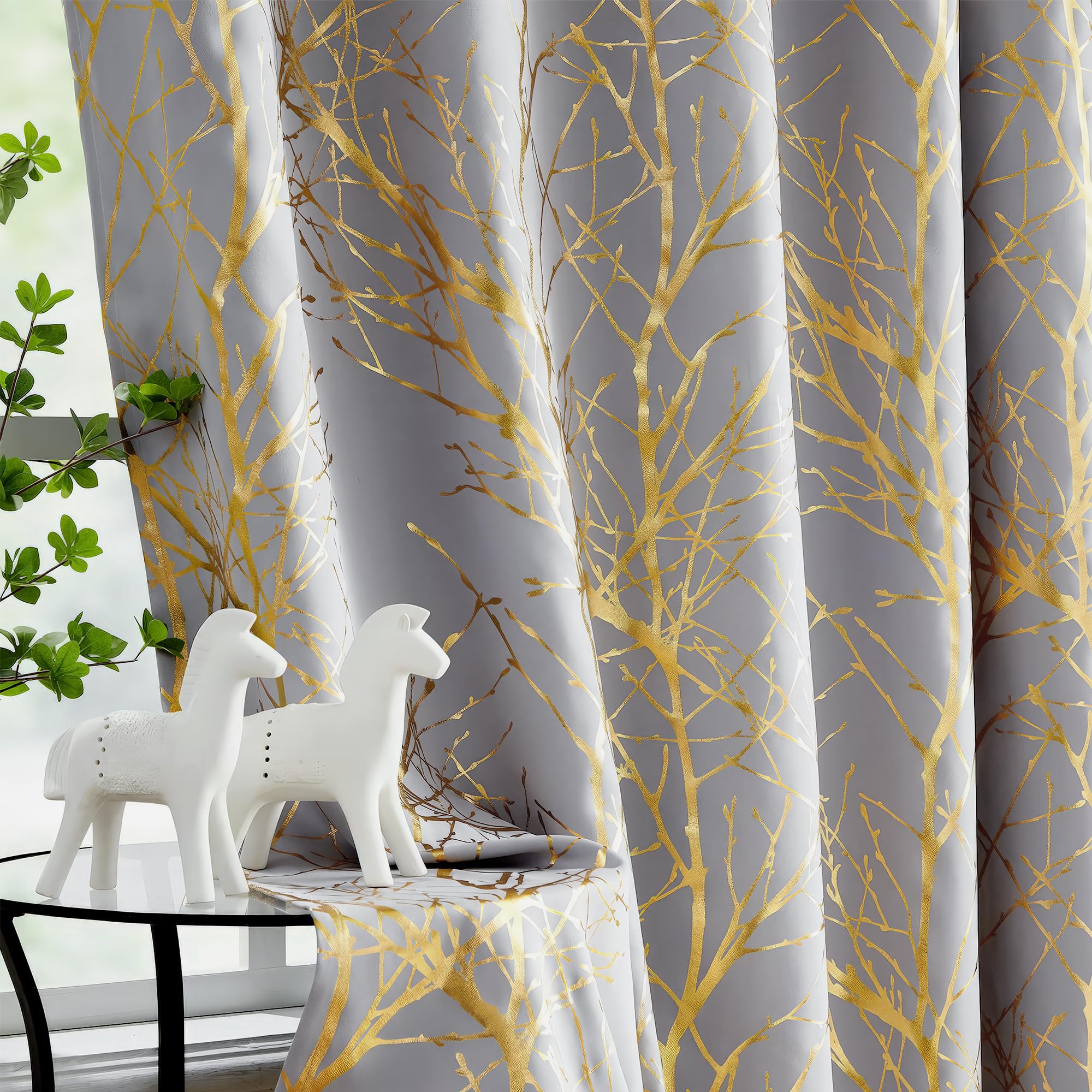 Fmfunctex Blackout Thermal Curtains for Bedroom 72 Inch Drop Grey Gold Eyelet Curtains for Living Room Branch Foil Print Room Darkening Energy Saving Window Curtain Drapes 2 Panels — image 1
