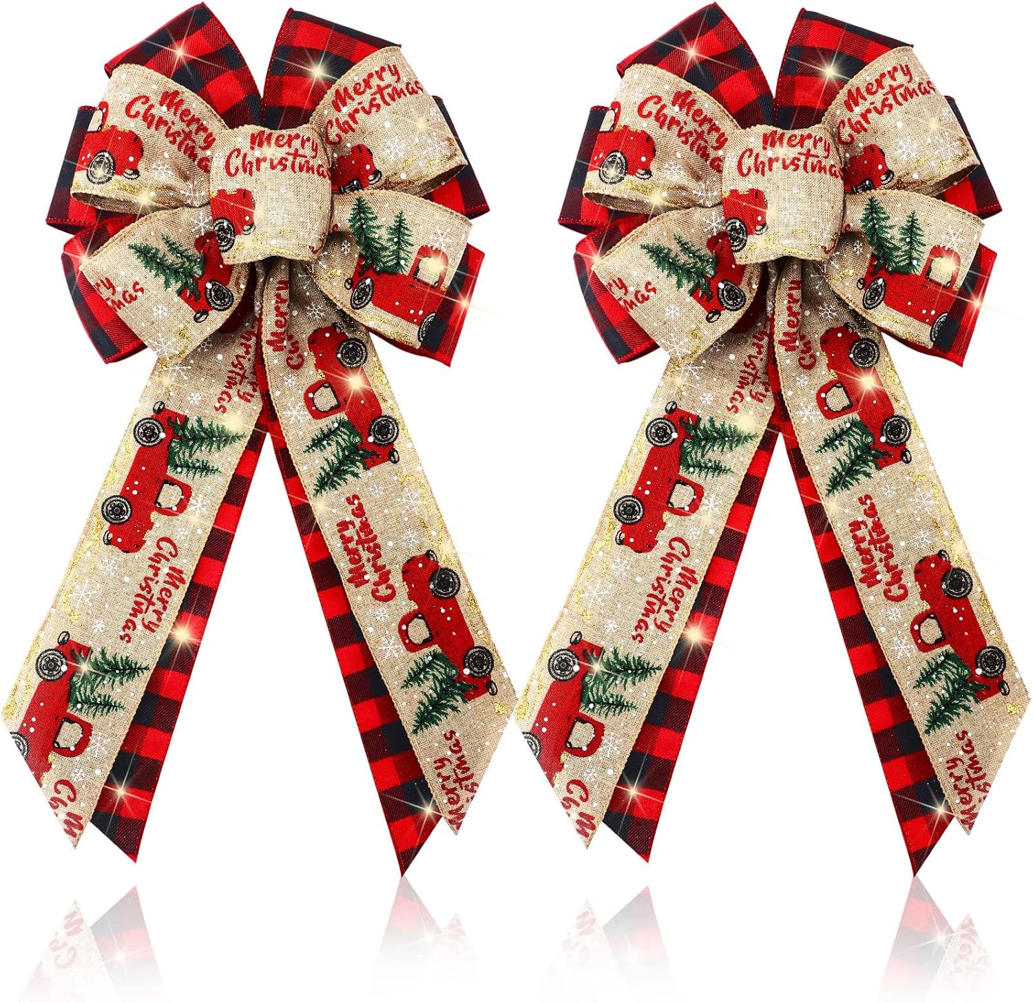 Bows & Ribbons - Giegxin Christmas LED Wreath Bow, 2 Pcs Red Truck Burlap Bow Holiday Bow for Christmas Wreath, Christmas Tree Ornaments Door Indoor Outdoor Wall Decorations, 18 x 10 Inch (Buffalo Plaid)
