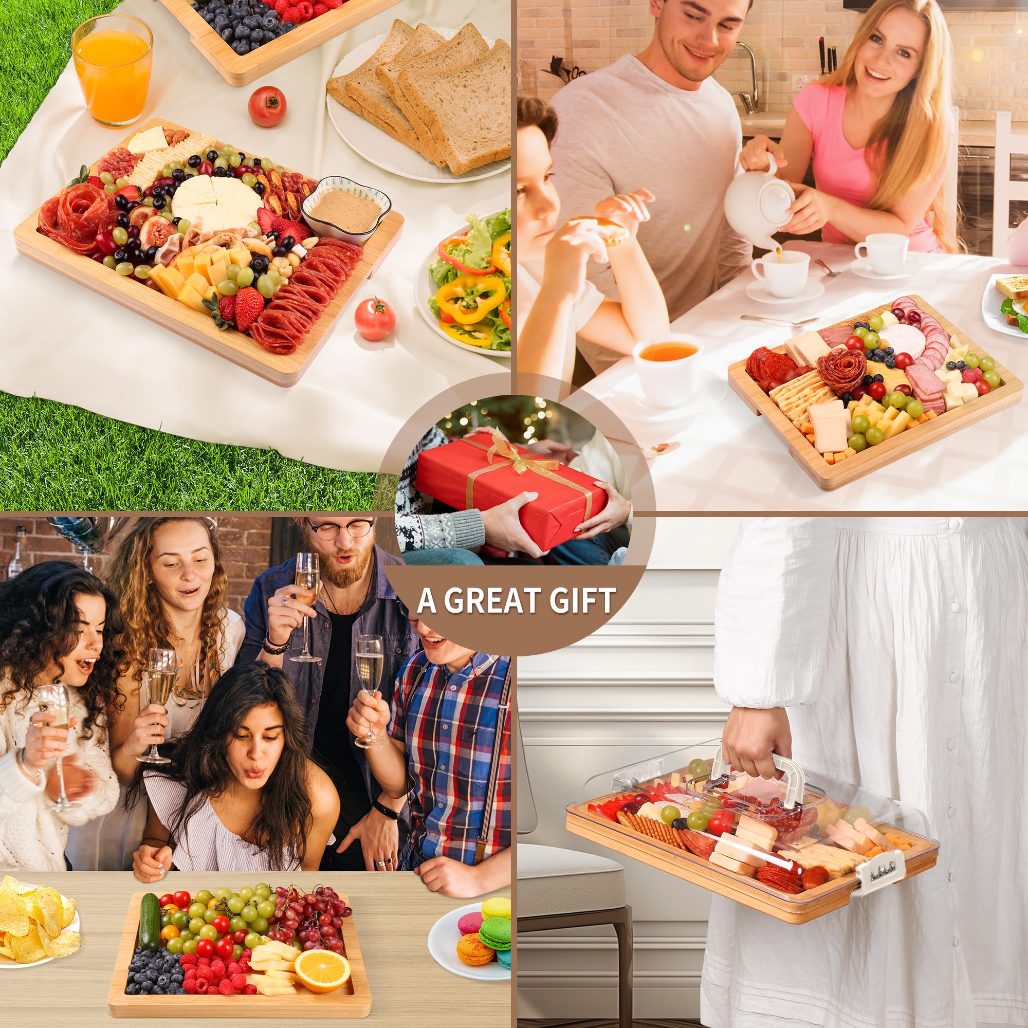 CAWIU Charcuterie Board with Lid and Handle - Portable Travel Design Bamboo Cheese Board Set with 4 Cheese Tools, Gift for Housewarming, Weddings, Picnics (1 Compartment, White)