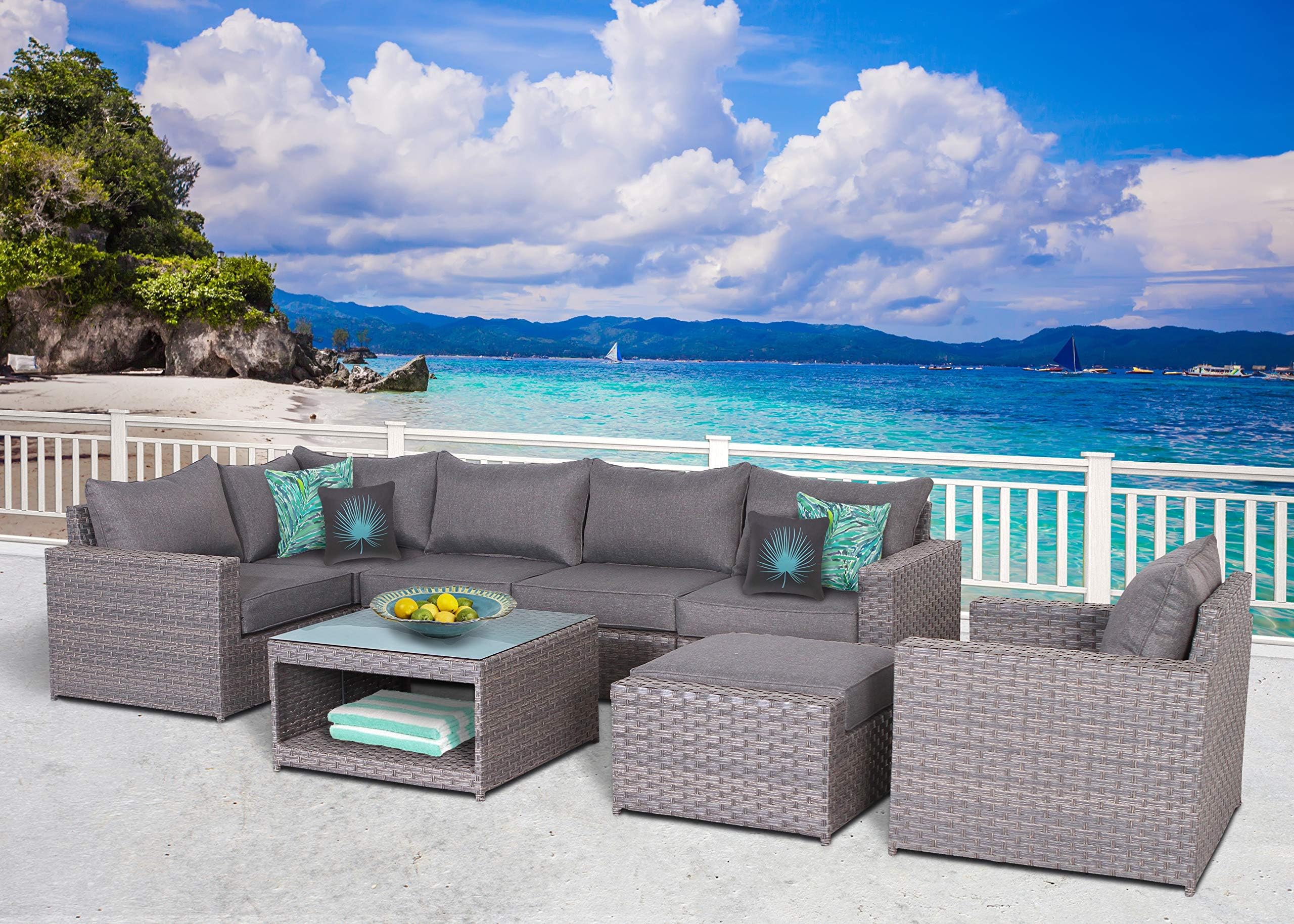 SunHaven Resin Wicker Outdoor Patio Furniture Set - 8 Piece Conversation Sectional Premium All Weather Gray Rattan Wicker, Aluminum Frame with Deluxe Fade Resistant Olefin Cushion (8 Piece Cromwell)