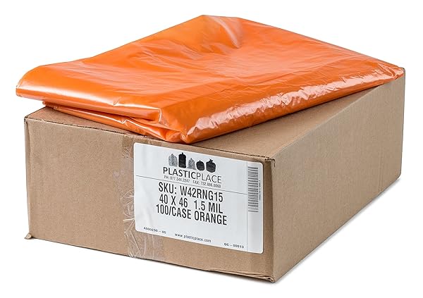 PLASTICPLACE 40-45 GALLON TRASH BAGS │ 1.5 MIL │ ORANGE HEAVY DUTY GARBAGE CAN LINERS │ 40” X 46” (100 COUNT)