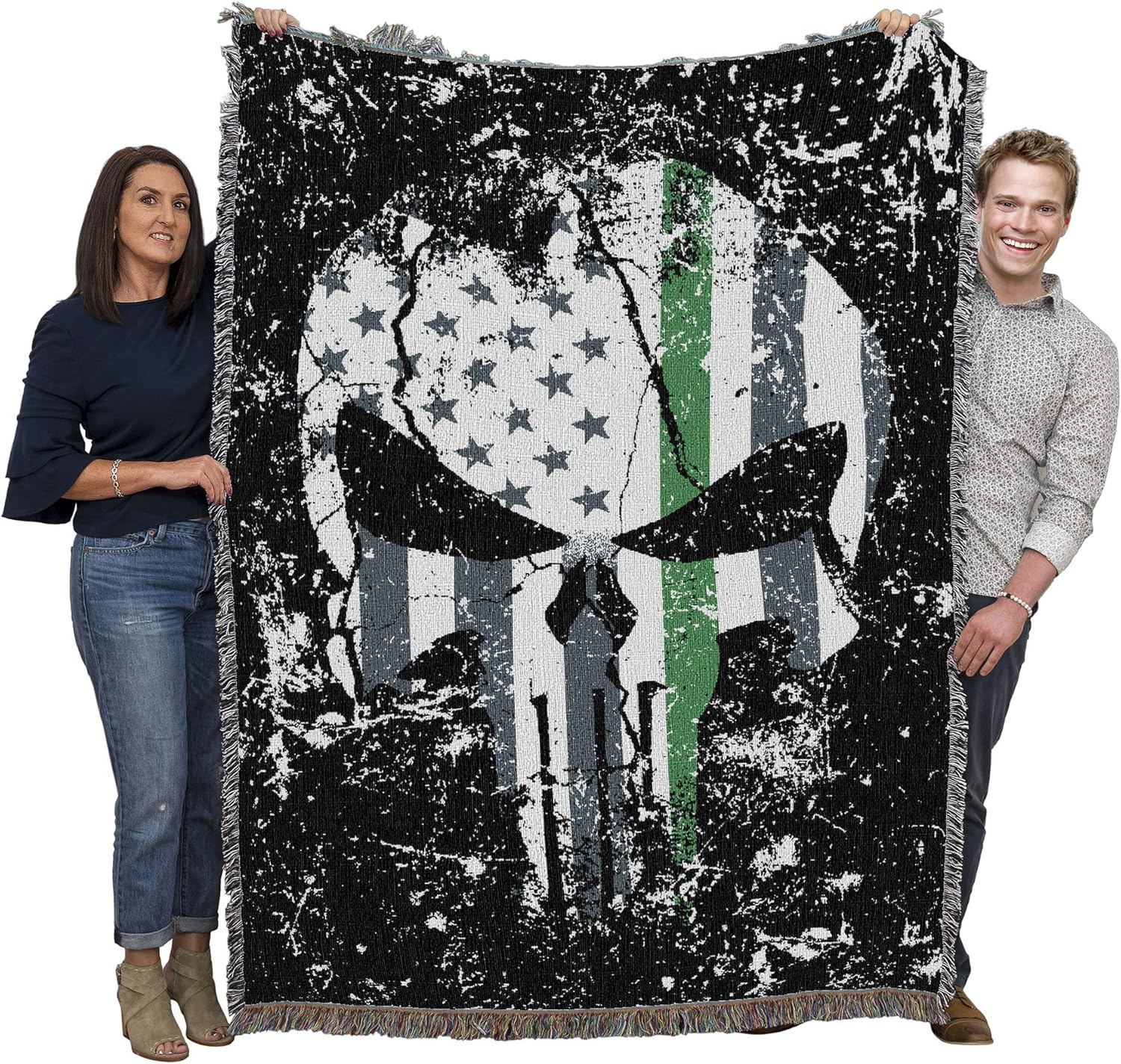 Amazon Com Us Army Green Line Punisher Skull Blanket Throw Woven From Cotton Made In The Usa 72x54 Kitchen Dining