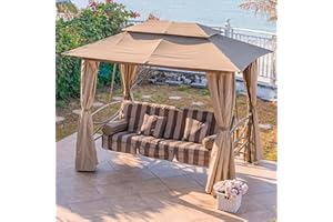 PURPLE LEAF 3 Person Outdoor Patio Porch Swing Gazebo with Netting & Gazebo Curtains with Canopy Swings for Adults