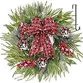 WellSign 24 Inch Christmas Wreath for Front Door, Large Christmas Real Touch Door Wreath with Red Bow and Hangers, Green Pine Xmas Wreath for Window Wall Fireplaces Porch Indoor Outdoor Home Decor