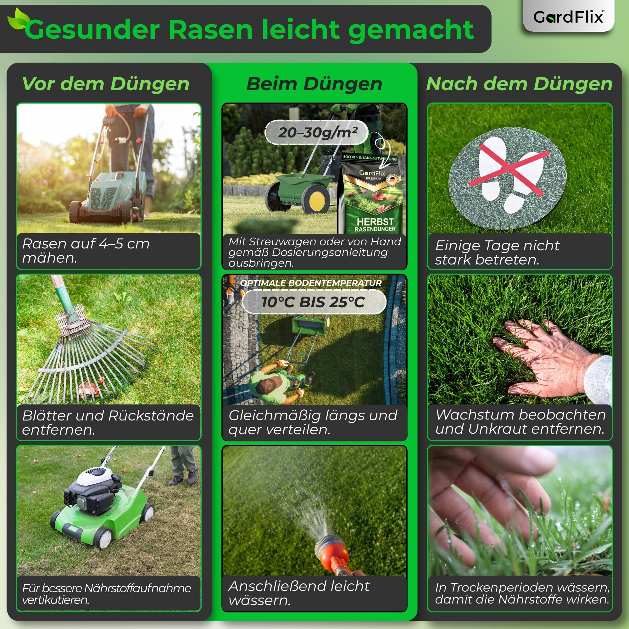 Gardflix Herbstdünger Rasen Langzeitwirkung (5kg Sack für 250m²) | Rasendünger Herbst verdrängt Moos | Frostschutz & Winterfester Rasen | Staubarmer Granulat für Streuwagen | Sicher für Kind & Tier 6