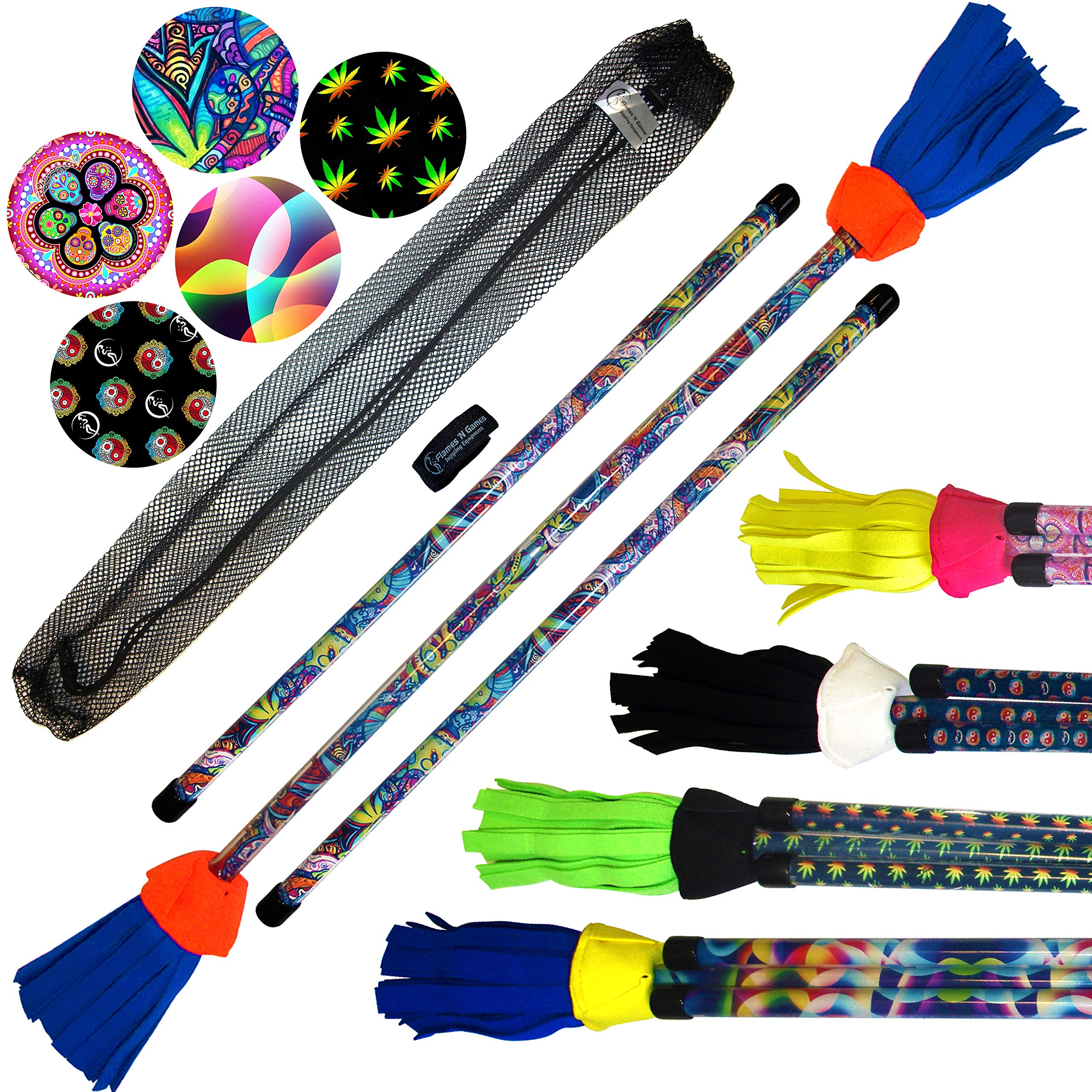 Flower Stick Set - Art-Deco (5 Designs) + Silicone Matching Wooden Hand Sticks! Pro Flower Sticks For Kids & Adults! (Rasta)