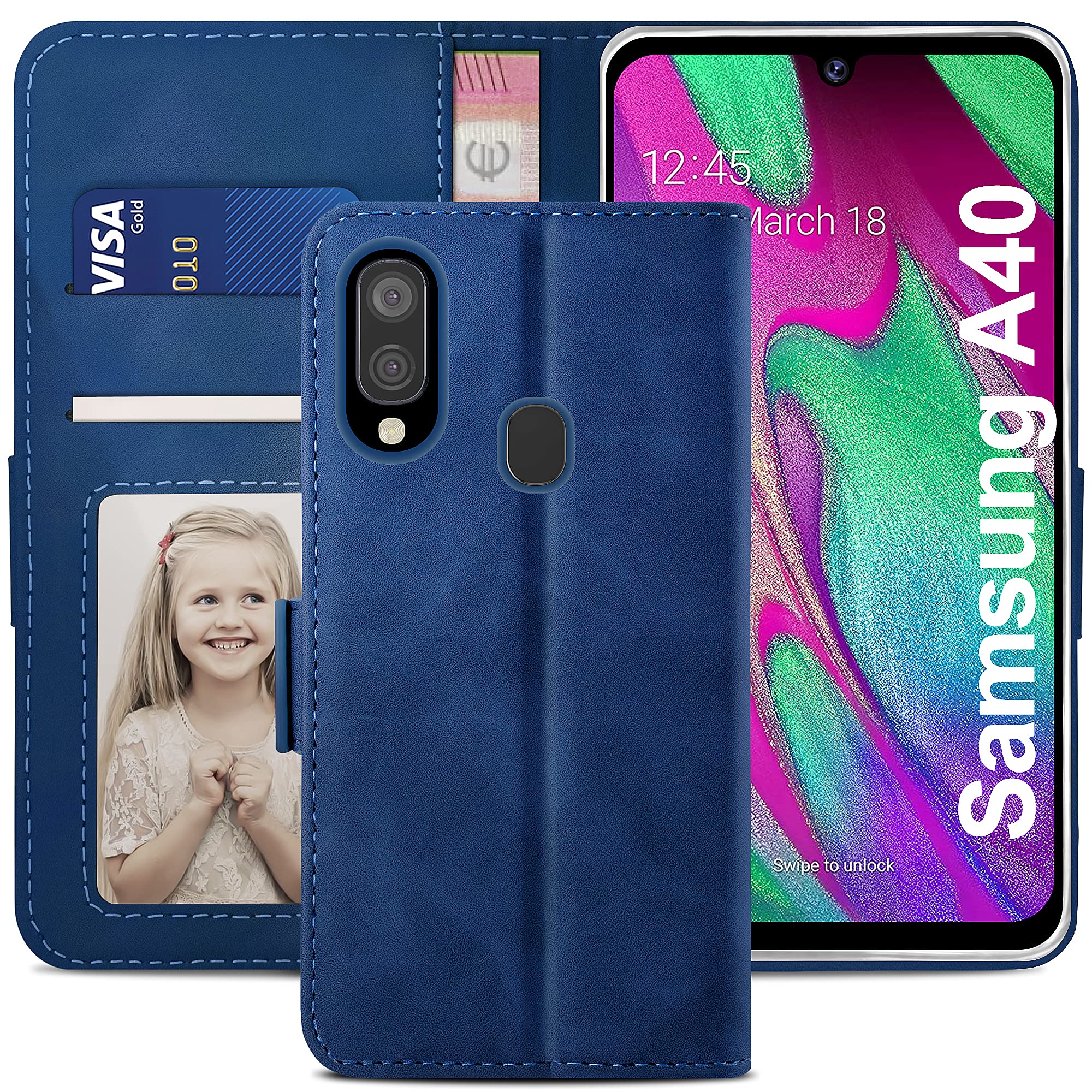 YATWIN Compatible with Samsung Galaxy A40 Case, Flip Wallet Leather Case with Card Slot and Shockproof Function Kickstand Phone Cases Cover for Samsung A40 - Blue
