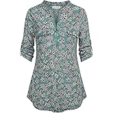 Ninedaily Women's 3/4 Sleeve Plaid Shirts Zip Floral Casual Tunic Blouse Tops