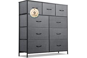 NASHZEN Dresser for Bedroom with 9 Drawers, Tall Fabric Chest of Drawers Storage Organizer with Steel Frame, Wood Top for Bedroom, Hallway, Closet, Black Grey