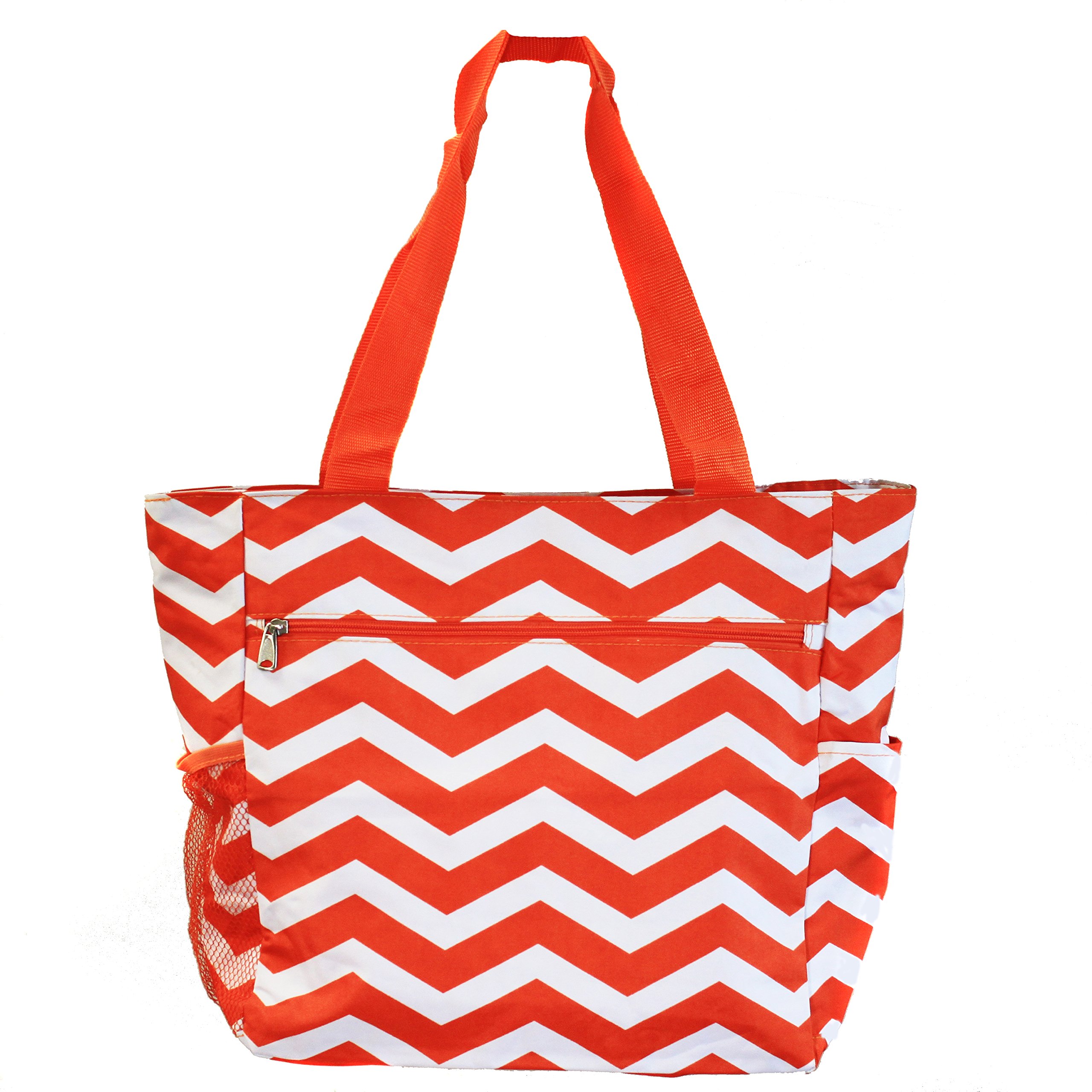World Traveler 13.5 Inch Beach Bag, Orange White Chevron, One Size
