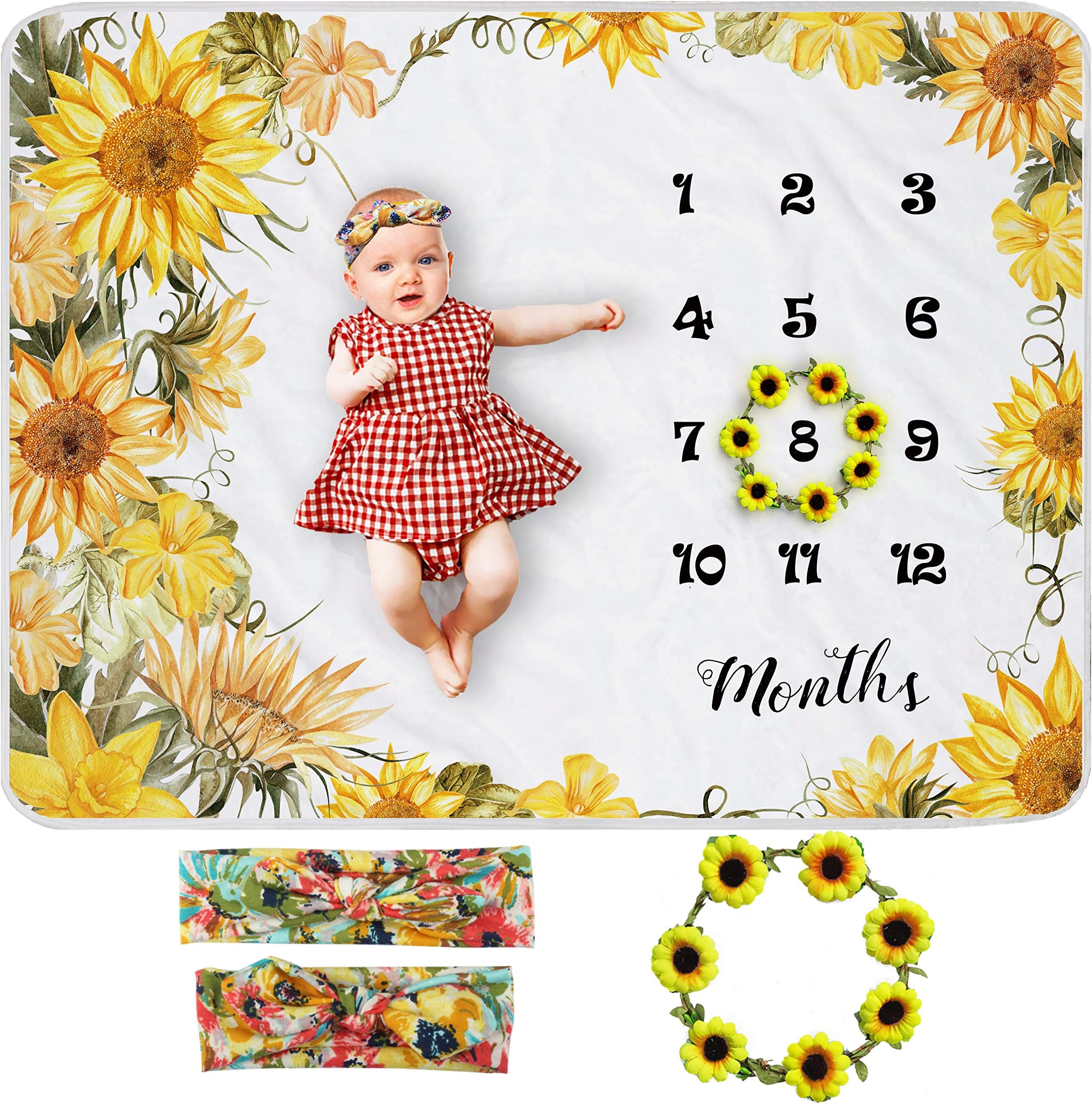 Sunflower Baby Monthly Milestone Blanket Girl, Floral Newborns Month Blanket Gift for Baby Shower, Soft Plush Photo Prop Blanket, Wreath &Headband Included, 45''x40''