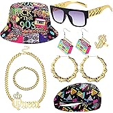 MONAZEO Hip Hop Costume Kit 80s/90s Accessories for Women Men Rapper Outfits Bucket Hat Headband Sunglasses Ring Gold Chain Bamboo Hoop Earring