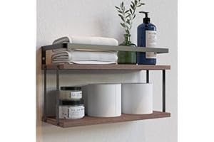 RICHER HOUSE Dual-Level Guardrail Bathroom Shelves, Wood Floating Shelf Wall Mounted, Over Toilet Paper Storage Shelf for Bathroom Wall Decor, Bathroom Organizers and Kitchen Storage - Rustic Brown