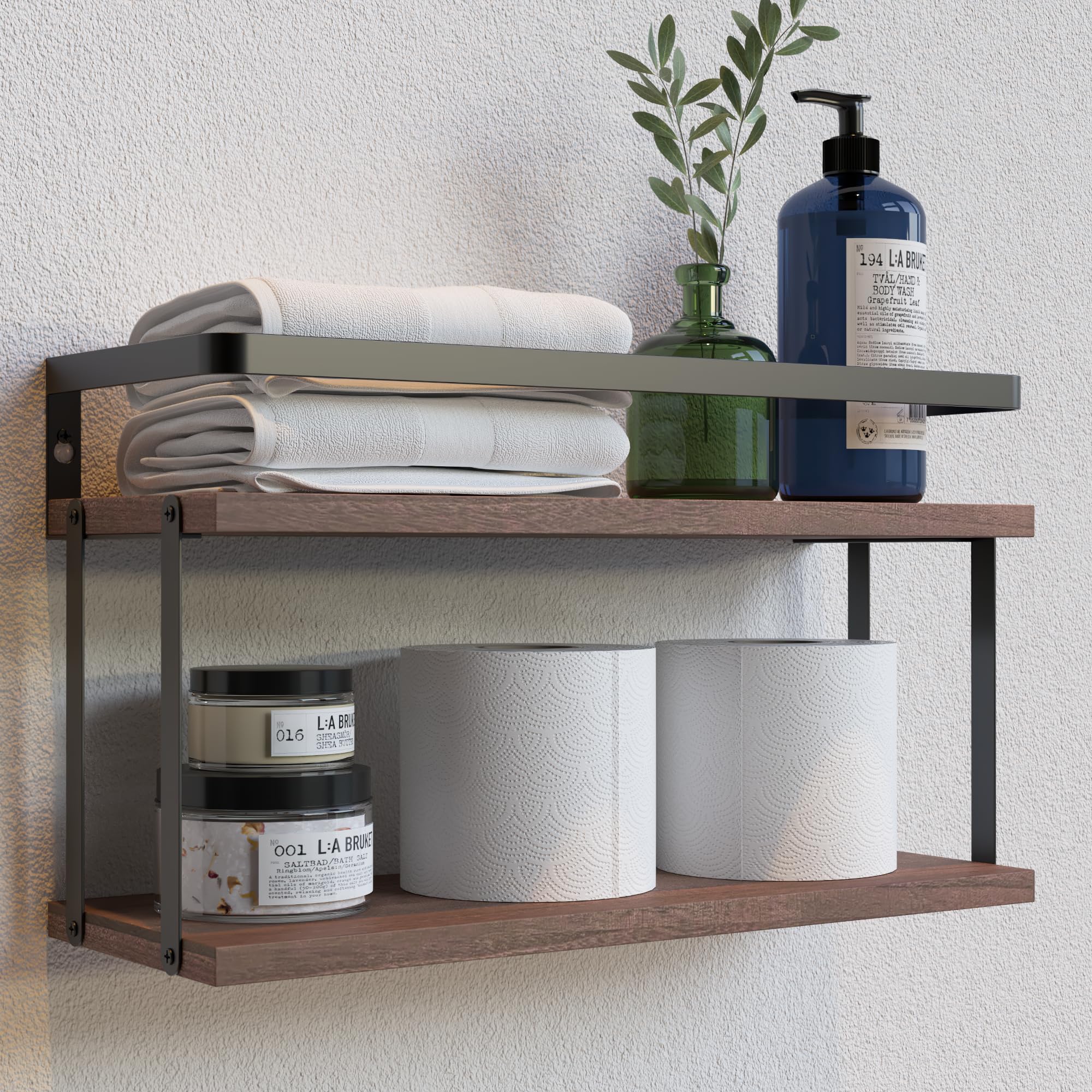 Photo 1 of **MISSING A METAL BRACKET** RICHER HOUSE Dual-Level Guardrail Bathroom Shelves, Wood Floating Shelf Wall Mounted, Over Toilet Paper Storage Shelf for Bathroom Wall Decor, Bathroom Organizers and Kitchen Storage - Rustic Brown