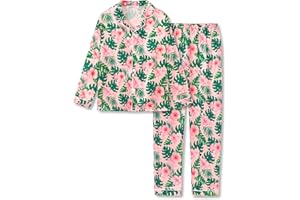 Beezizac Silky Satin Pajama Long Sleeves Set For Little & Big Girls Trendy Button 2-Piece Outfit Kid Sleepwear Size 6-16