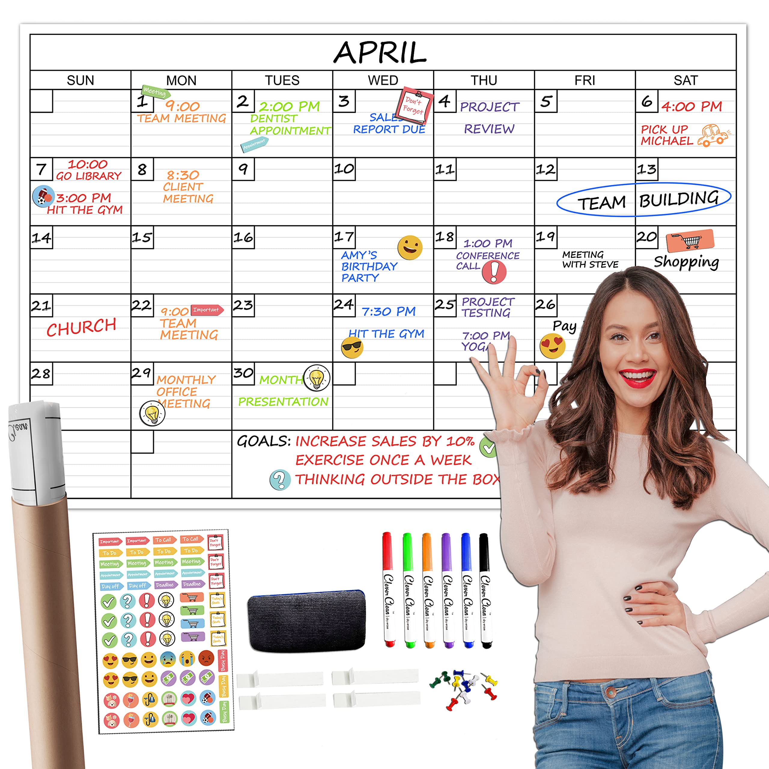 Photo 1 of Large Dry Erase Wall Calendar - 24"x 36" Undated Monthly Calendar for Home, Office, Classroom - Reusable Laminated Task Organizer