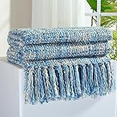 GINAMUSE Multi-Color Light Blue Cable Knitted Throw Blanket for Couch,50"X60" Boho Style Textured Blankets for Home Decor,Super Soft Warm Cozy Chunky Knit Blanket with Decorative Tassels for Bed
