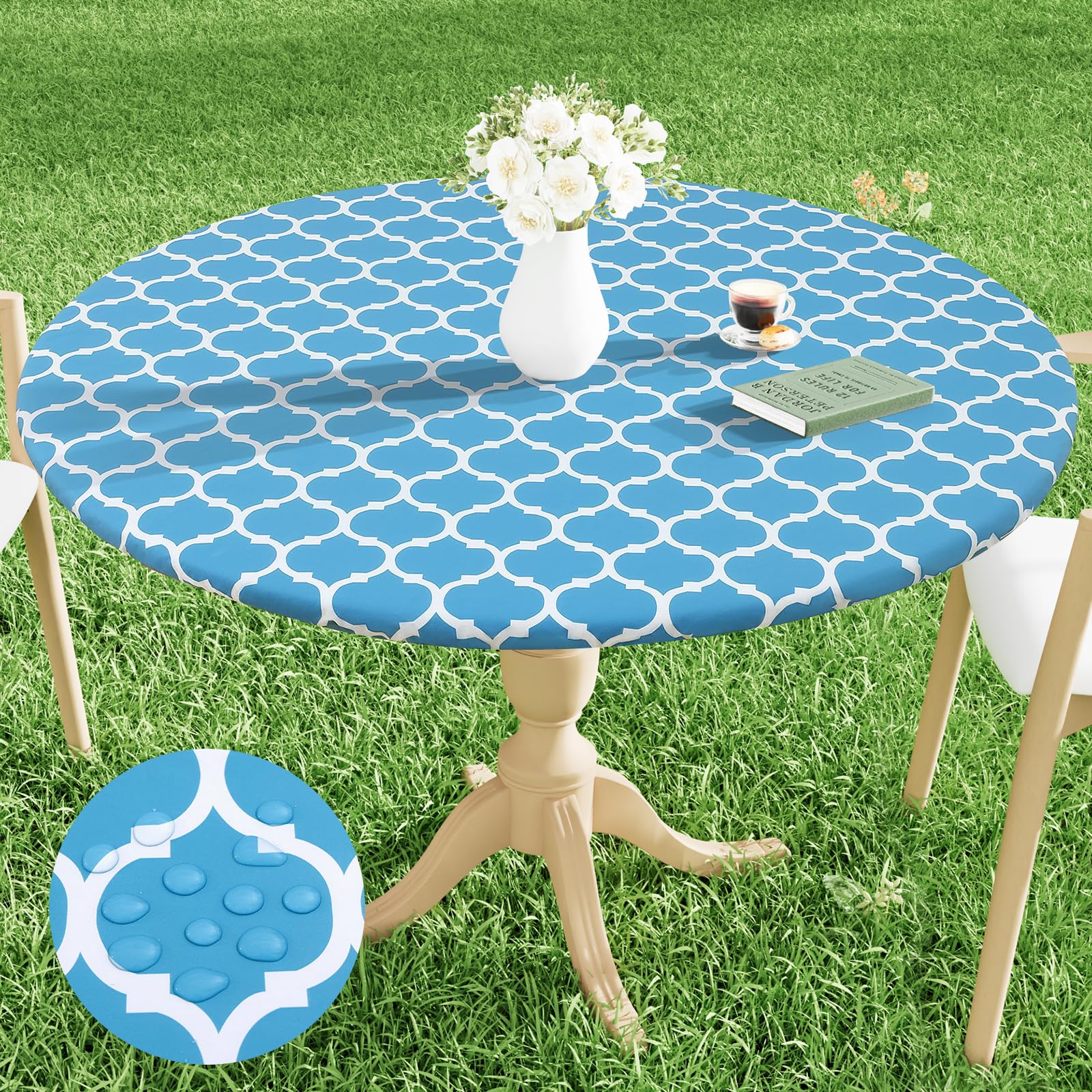 Photo 1 of Smiry Round Picnic Tablecloth, Waterproof Elastic Fitted Table Covers for 36" - 44" Tables, Wipeable Flannel Backed Vinyl Tablecloths for Camping, Indoor, Outdoor, Light Blue & White