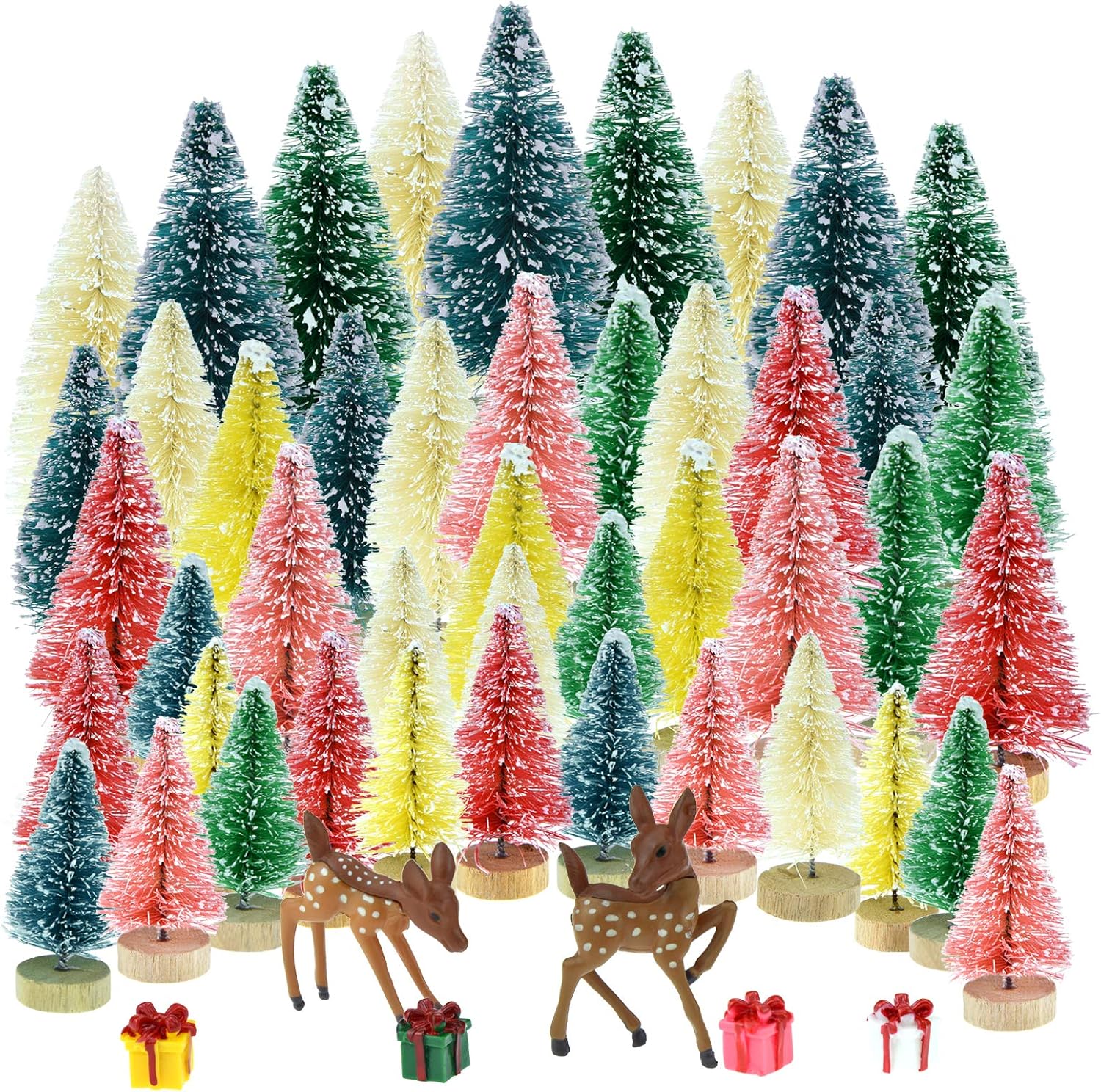 Trees - Yookat 51Pcs Mini Pine Trees Artificial Mini Trees with Wood Base Sisal Trees Bottle Brush Trees Assorted Color and Deer Boxes Winter Snow Ornaments for Christmas Decoration