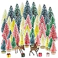 Yookat 51Pcs Mini Pine Trees Artificial Mini Trees with Wood Base Sisal Trees Bottle Brush Trees Assorted Color and Deer Boxe