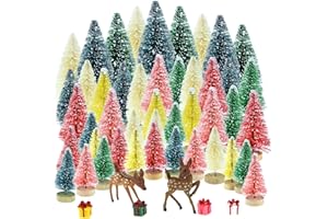 Yookat 51Pcs Pine Trees Artificial Trees with Wood Base Sisal Bottle Brush Trees Assorted Color and Deer Boxes Winter Snow Ornaments for Christmas Decoration
