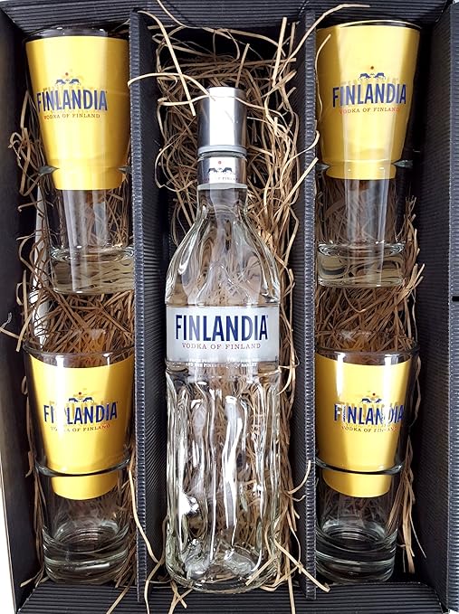 Finlandia Set / Geschenkset - Finlandia Vodka of Finland 1L (40% Vol) + 4x Gläser 2/4cl geeicht