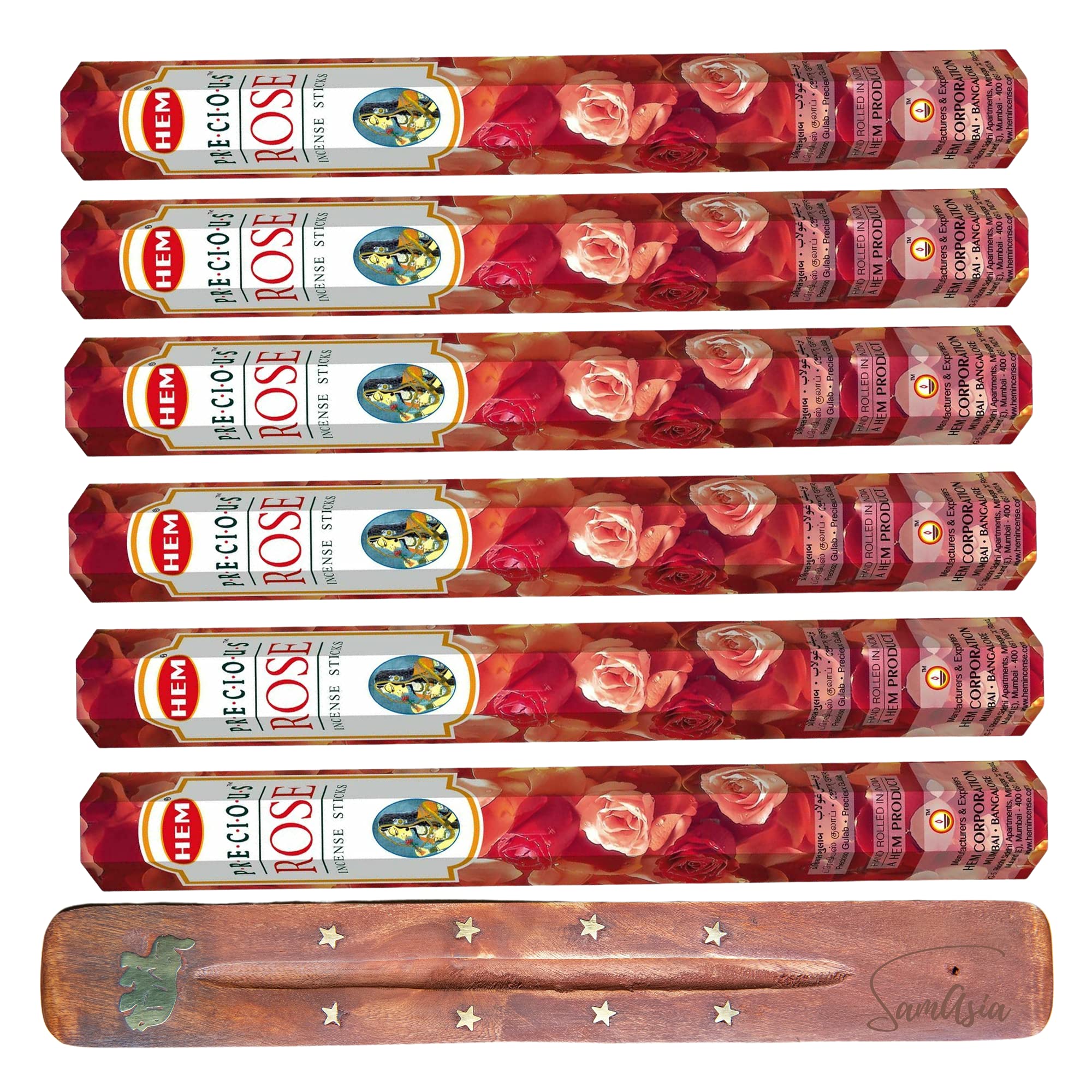 HEM Incense sticks PRECIOUS ROSE | Pack of 6 | with SAMASIA incense stick holder for Aromatherapy, Incense Spa, Yoga, Meditation, Healing, Spirituality and Relaxation