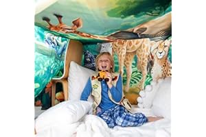 NURTURING WONDERS Kids Fort Building Kit Indoor Use - Build a Fort Kit for Kids with Large 10' x 10' Blanket, 8 Straps, 4 Clips, 4 Hooks, 4 Sandbags - Use as a Canopy, Play Stage Background, Blanket Fort - Jungle