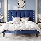 SHA CERLIN Queen Size Bed Frame with Adjustable Upholstered Velvet Rivets Headboard, Sturdy Wooden Slats, Strong Platform Support for Mattress, No Box Spring Needed, Easy Assembly, Blue