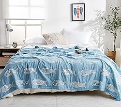 MEJU Fish Blue Muslin Lightweight Summer Blanket