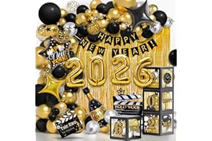 Party Spot! Happy New Year Decorations 2026 Black and Gold, Happy New Year Decorations Kit,2026 Balloons Boxes, "Happy New year"Banner,Fringe Curtains,Dot Garland
