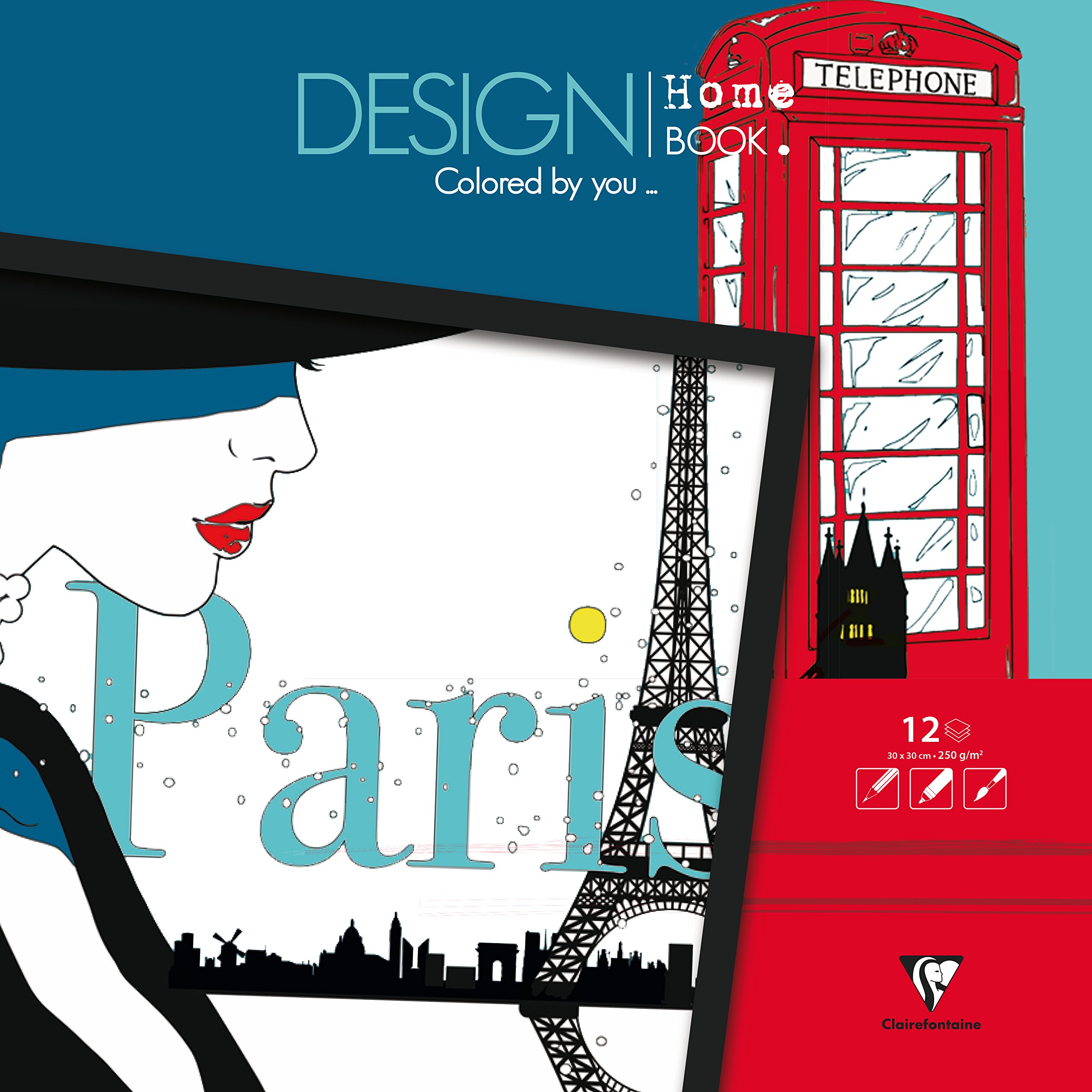 Clairefontaine - Ref 97447C - Design Home Colouring Book (12 Sheets of Paper) - 30 x 40cm in Size, 250gsm Drawing Paper, 6 Patterns, Detachable Sheets - Towns