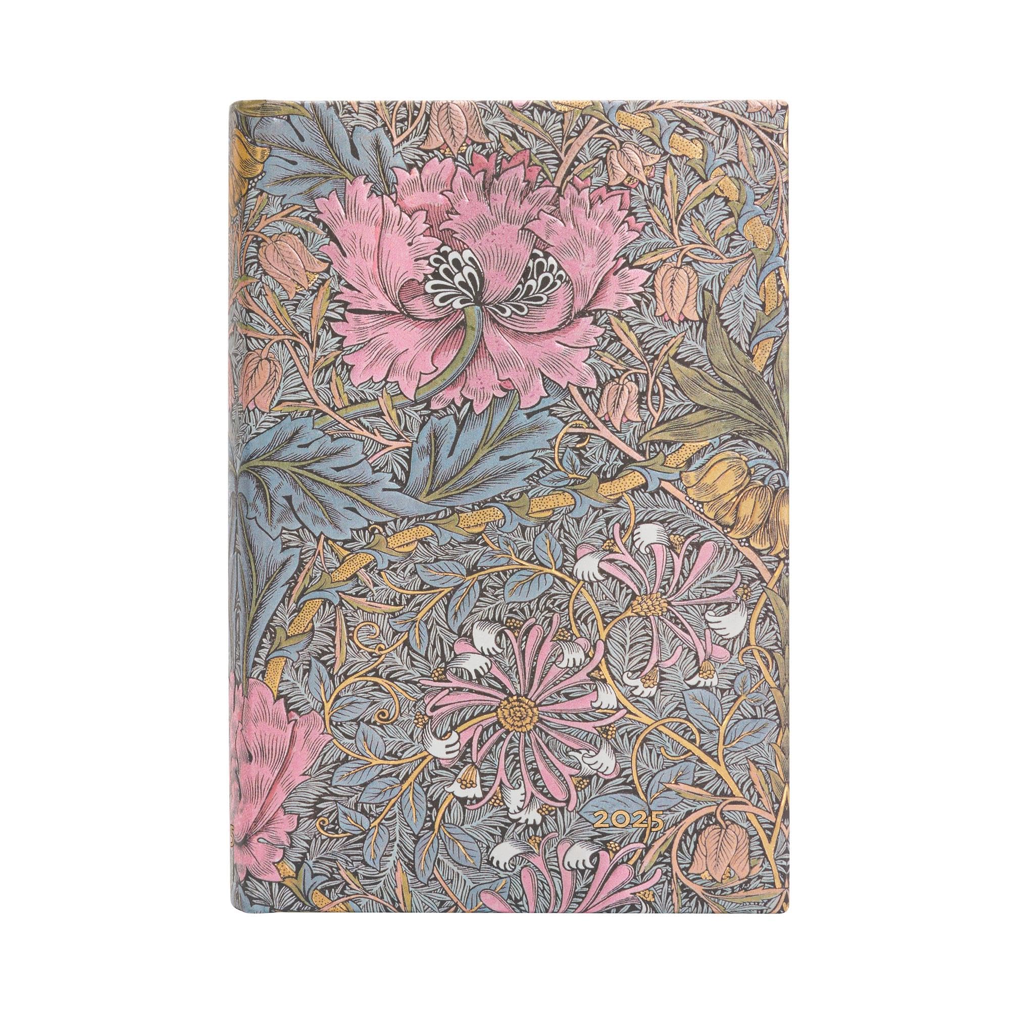 Kalendarz Paperblanks 2025 Morris Pink Honeysuckle Mini Dzienny: jeden dzień na stronie, zamykany na gumkę, Papier 80 GSM