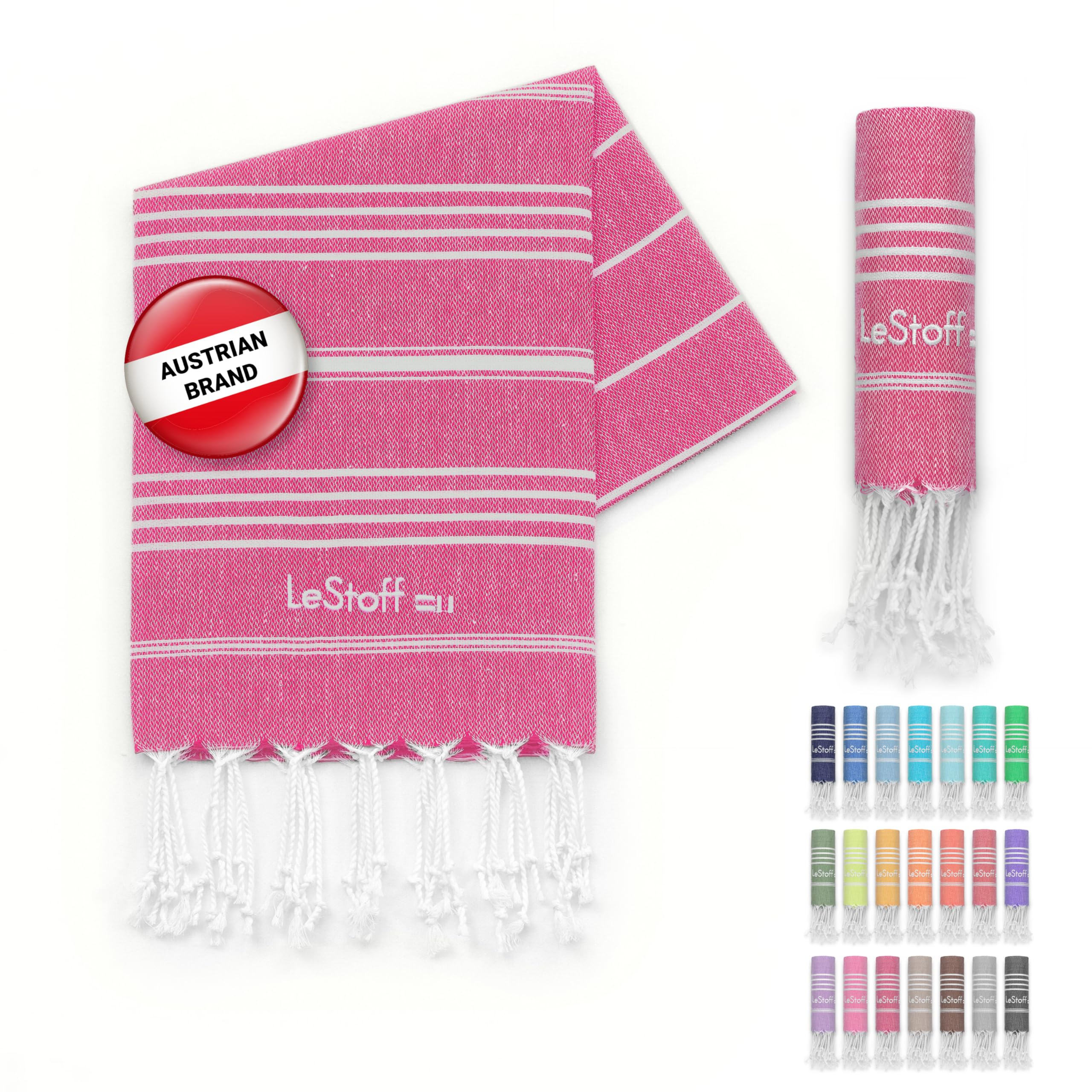 LeStoff Premium Hammam Towel - 100% Organic Cotton - Pre-washed Sustainable Absorbent & Quick-drying - Beach, Bath, Shower, Yoga, Spa & Travel Towel (50 x 100 cm, Fuchsia)