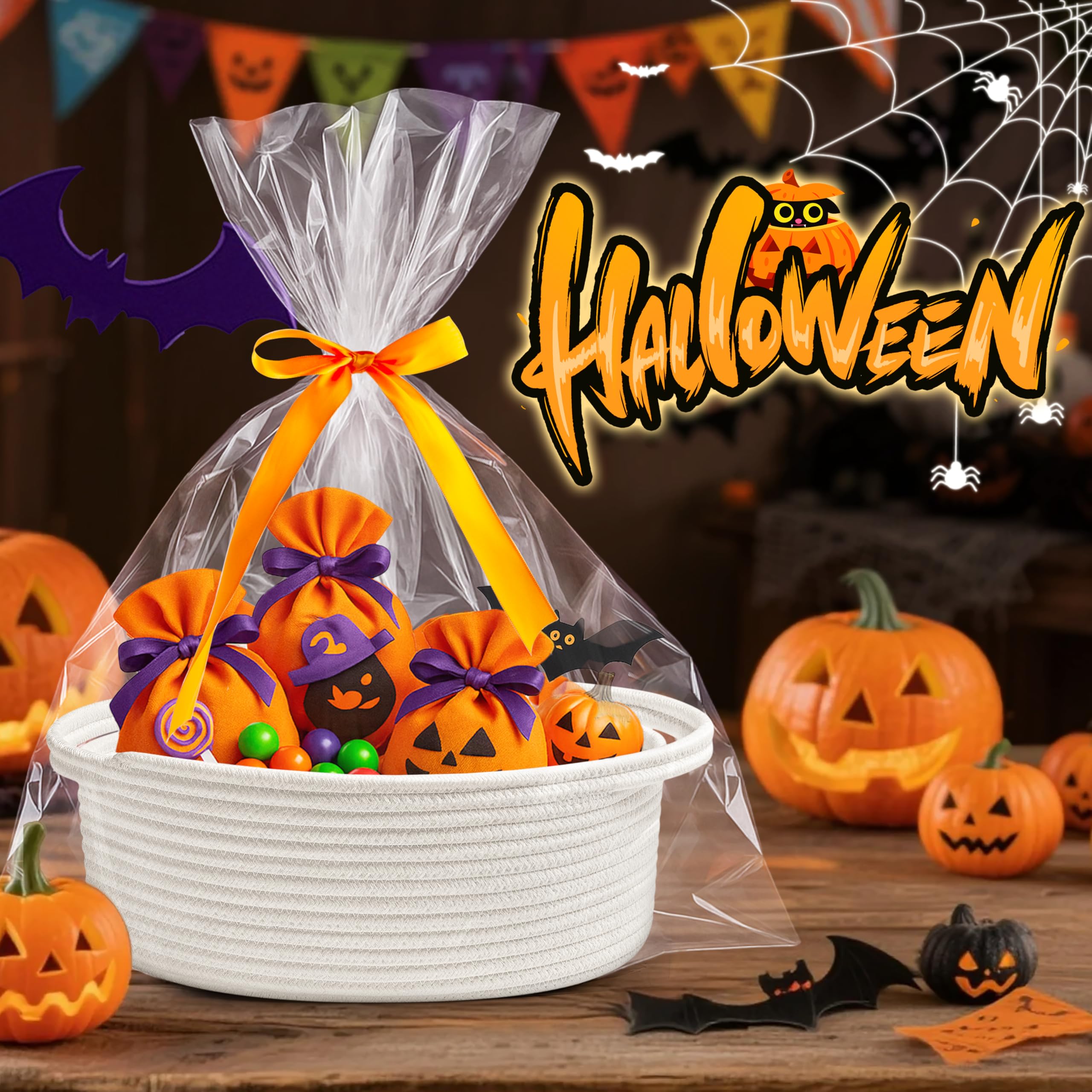 Pro Goleem Small Woven Basket with Gift Bags and Ribbons Durable Baskets for Halloween Gifts Empty Small Rope Basket for Storage 12