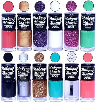 Makeup Mania HD Colors Nail Polish Set of 12 Pcs, Perfect Gift for Girls (Coral Red, Golden, Blue Glitter, White, Pink Glitter, Green, Black, Silver, Golden, Turqoise, Top Coat, Pink) Combo-MM#136