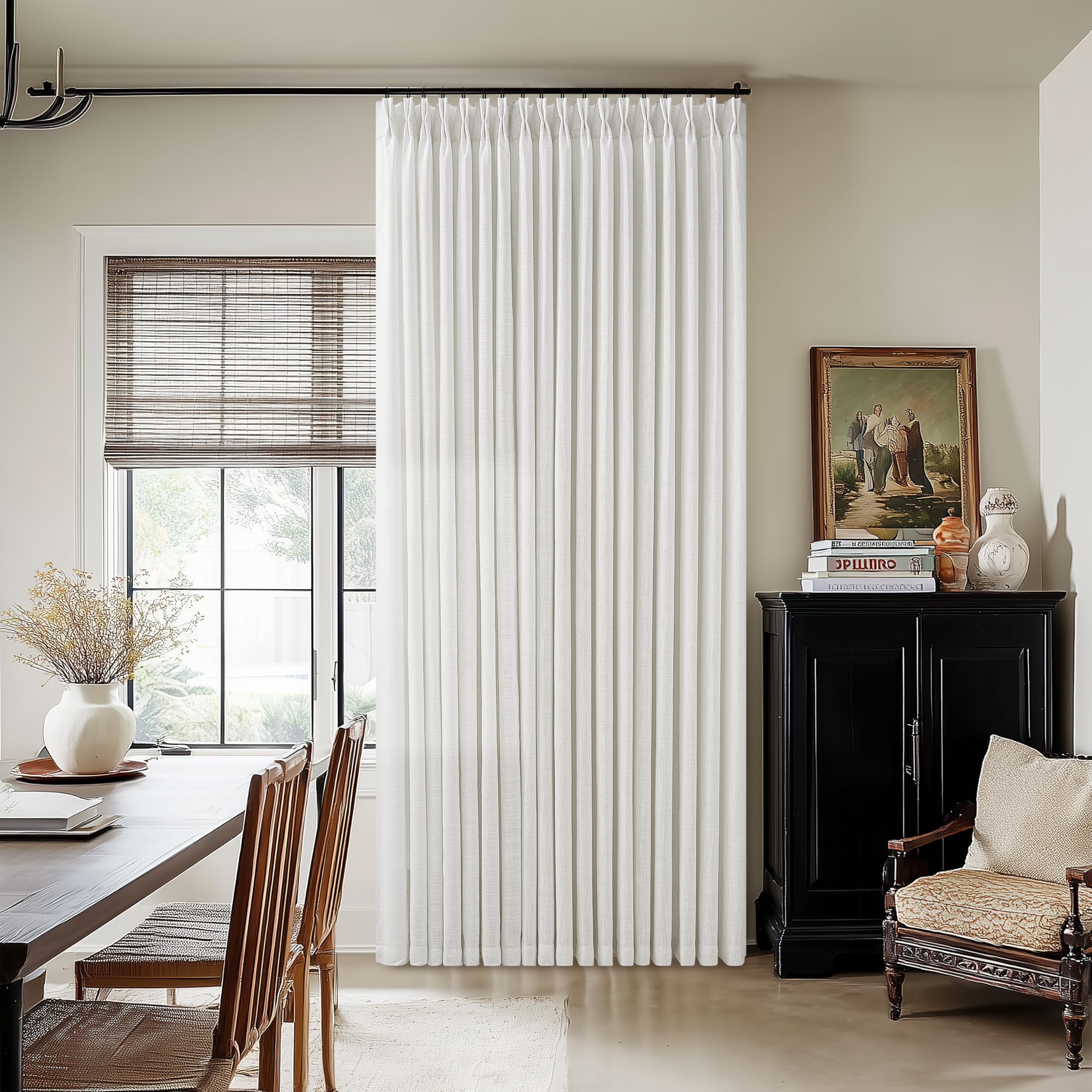 Photo 1 of 60 Inch Width Curtains 90 Inches Long Linen Curtains Pinch Pleated 90 Inch Length for Living Room Bedroom White Semi Sheer Back Tab Hooks Rings Pinch Pleat for Patio Glass Door 1 Panel Beige White