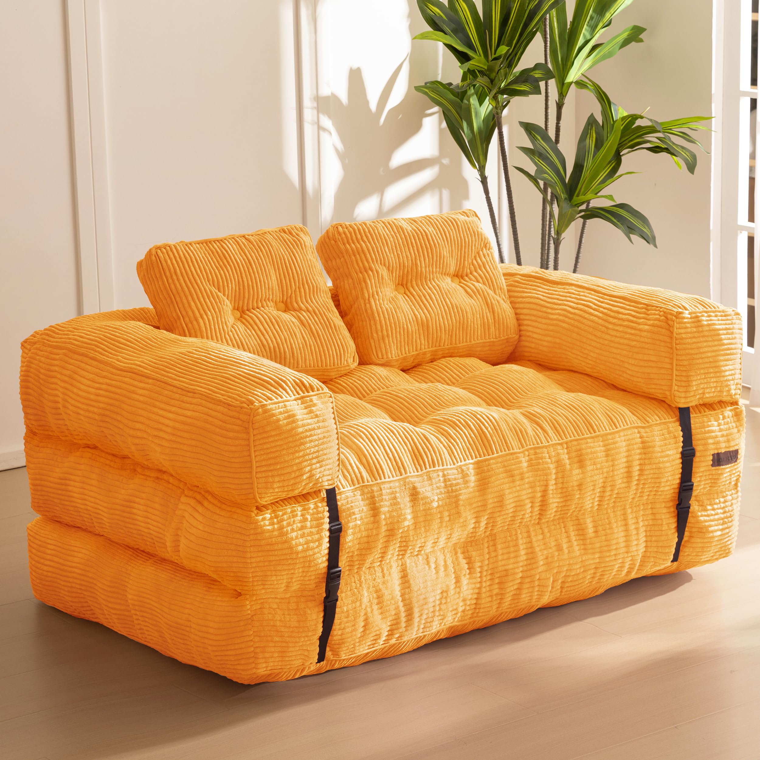Photo 1 of MAXYOYO Folding Sofa Bed, L-Shaped Convertible Sofa Bed with Armrest Foldable Sleeper Couch with Pillow, Portable Fold Out Chair Comfy Floor Couch Lounge for Living Room Bedroom, Orange, Double