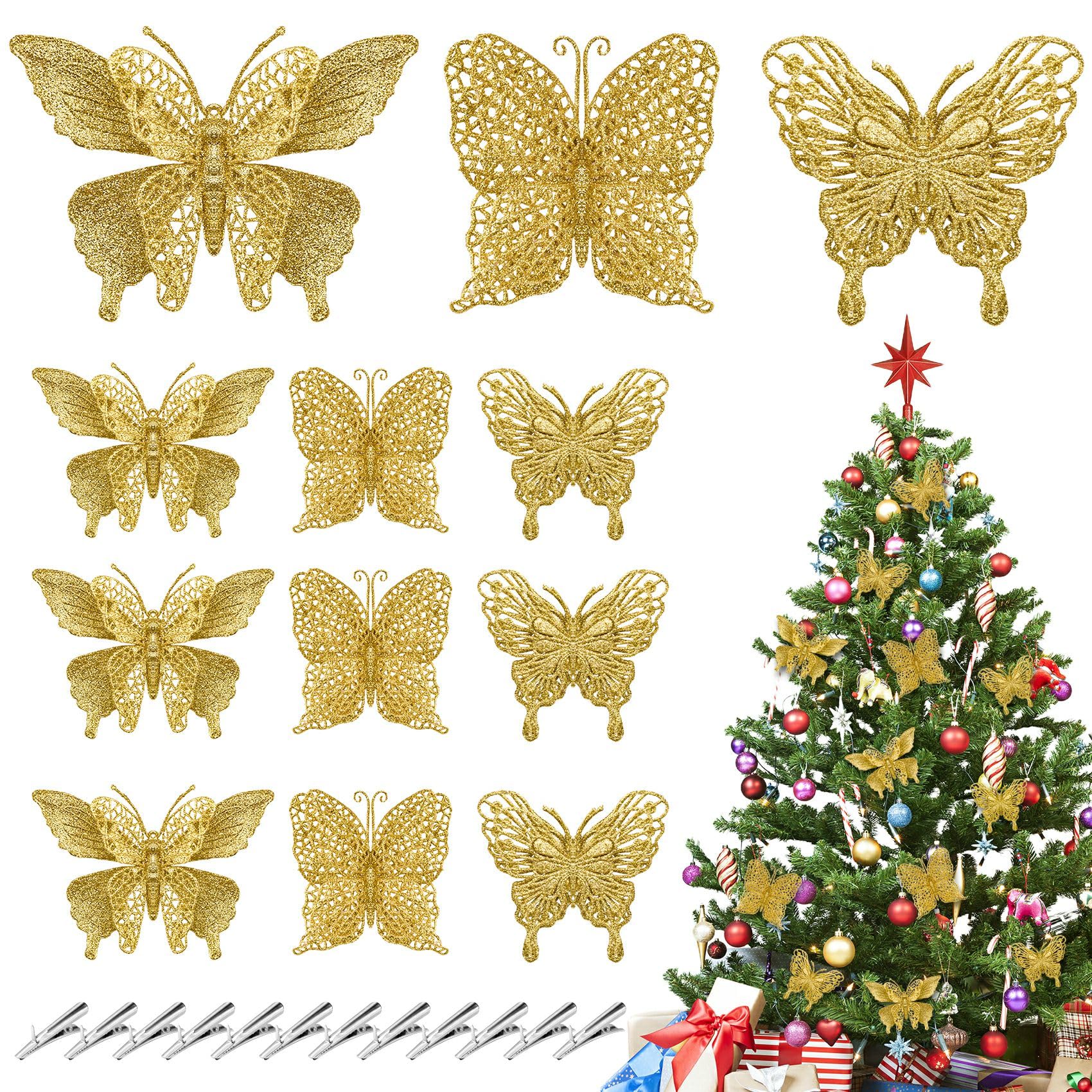 Photo 1 of 12Pcs Glitter Christmas Butterfly Ornaments Flowers, 3 Styles Hollow-Out Butterfly Christmas Decorations Artificial Ornaments with Clips for Xmas Holiday Crafts and Christmas Tree (Gold)