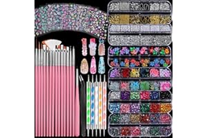FANDAMEI Nail Art Brushes, Nail Art Kit with 15 Pcs Nail Art Brush, 5 Pcs Dotting Tools, 6 Box Nail Charms and Gems, 10 Sheet Flower Nail Stickers, Complete Nail Decoration Art with Nail Art Brushes
