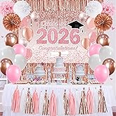 Pink Graduation Decorations Class of 2026, Rose Gold 2026 Graduation Party Decorations, Class of 2026 Paper Pompoms Paper Tassels Backdrop and Balloons for Class of 2026 Party Supplies