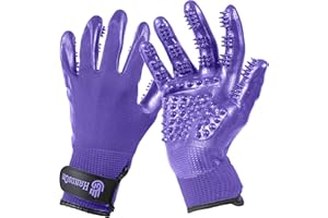 H HandsOn Pet Grooming Gloves - Patented #1 Ranked, Award Winning Shedding, Bathing, & Hair Remover Gloves - Gentle Brush for Cats, Dogs, and Horses (Mono Purple, Medium)