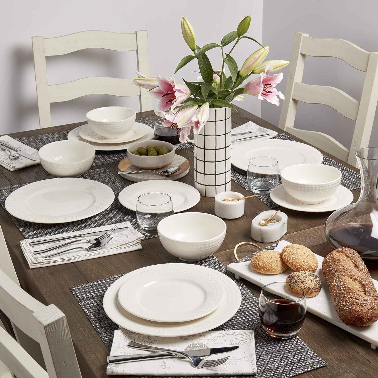  | Tabletops Gallery Embossed Bone White Porcelain Round Dinnerware Collection- Chip Resistant Scratch Resistant, Bloom 12 Piece Dinnerware Set (Dinner Plate, Salad Plate, Cereal Bowl): Dinnerware Sets