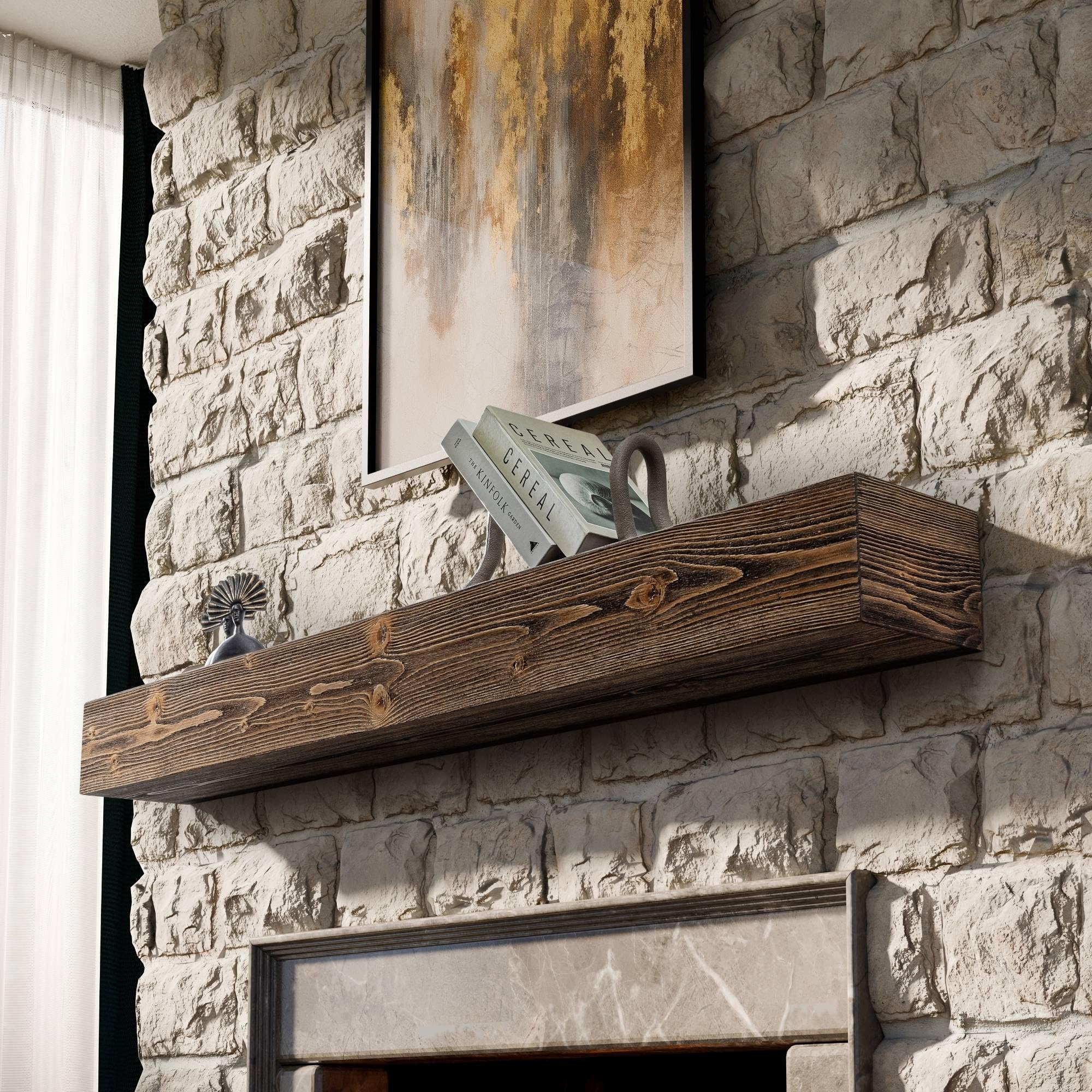 Photo 1 of BoscoMondo Fireplace Mantel, Wall-Mounted 60 inch Floating Shelf for Wall, Tv Shelf, Rustic Shelf - 8x6x60 Walnut